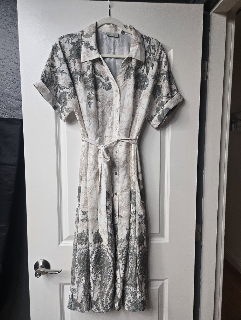 Women’s Short Sleeve Button-Front Floral Shirt Dress Cream & Green Chenault